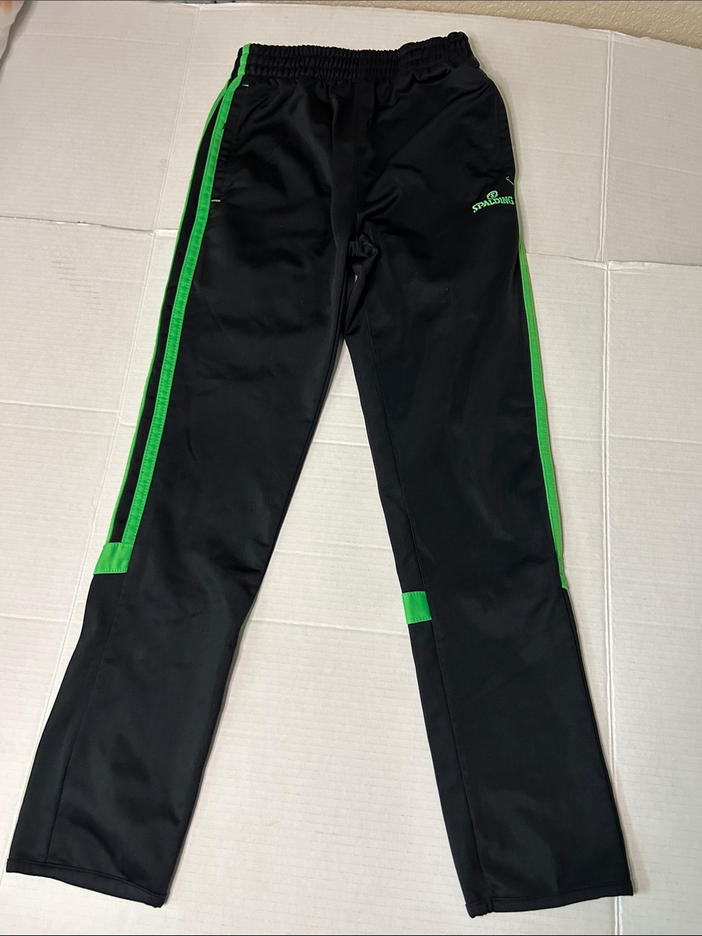 Spalding Boys Large Black Track Pants with Neon Green Stripes